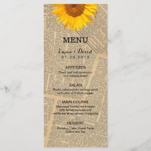 Vintage Newspaper Country Sunflower Wedding Menu