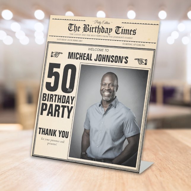 Vintage Newspaper Custom 50th Birthday Welcome Pedestal Sign (Mock up View)
