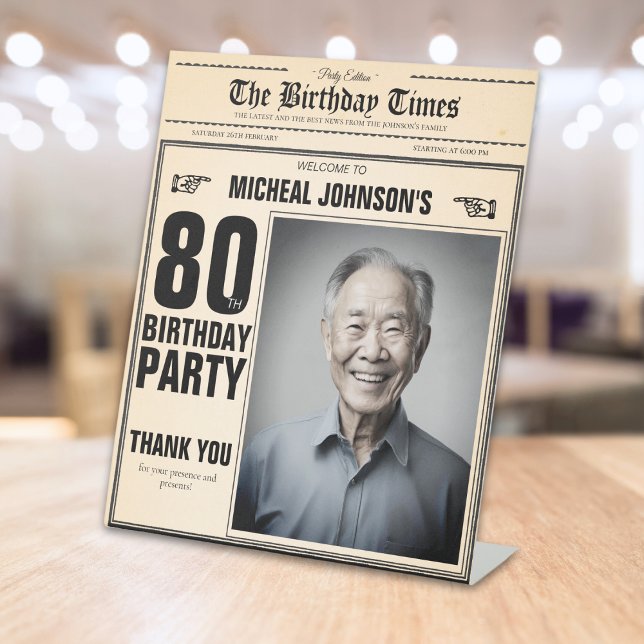 Vintage Newspaper Custom 80th Birthday Welcome Pedestal Sign (Mock up View)