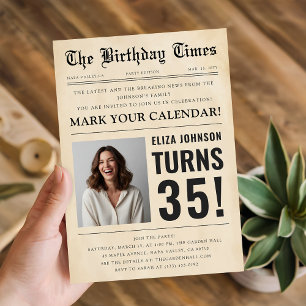 Vintage Newspaper Custom Photo 35th Birthday Party Invitation