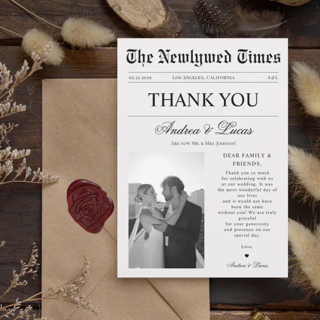 Vintage newspaper custom photo wedding thank you invitation zazzle