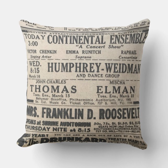 Vintage Newspaper Events Mrs Franklin Roosevelt Throw Pillow (Front)