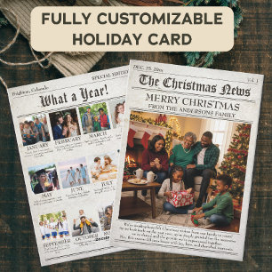 Vintage Newspaper Family Christmas Photo Collage Holiday Card