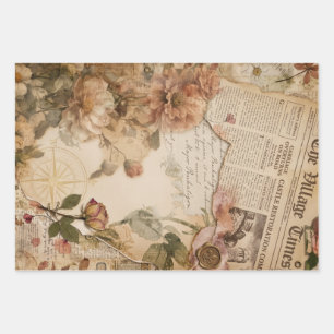 Vintage Newspaper Floral Aesthetic Wrapping Paper