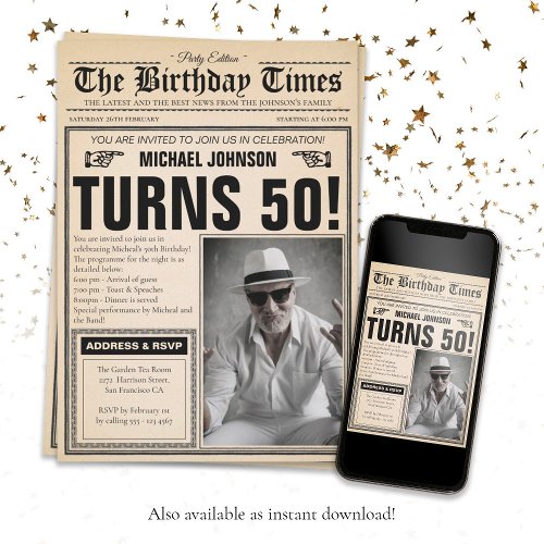  Vintage Newspaper Fun Custom Photo 50th Birthday Invitation