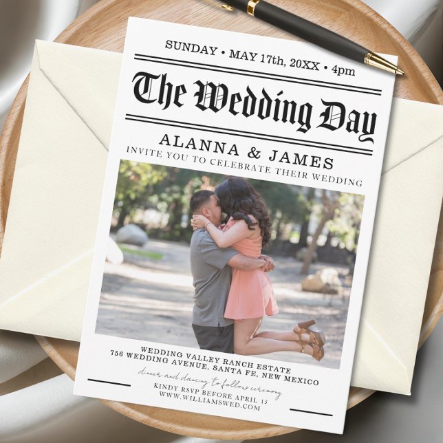 Vintage Newspaper Headline Black and White Wedding Invitation (Modern newspaper-style wedding invitation featuring bold typography and a romantic couple photo.)