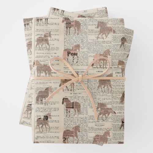 Vintage newspaper horse collage wrapping paper sheets