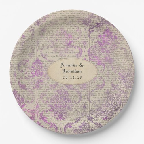 Vintage Newspaper Lavender Damask Wedding Paper Plates