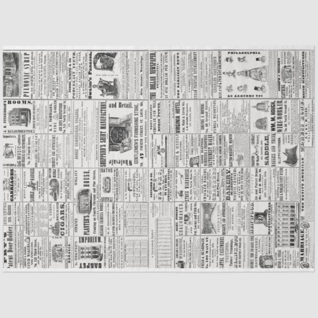 Vintage Newspaper News Black & White Decoupaging  Tissue Paper (Front)