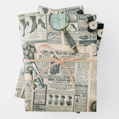 Vintage Newspaper Pages and Sewing Accessories  Wrapping Paper Sheets