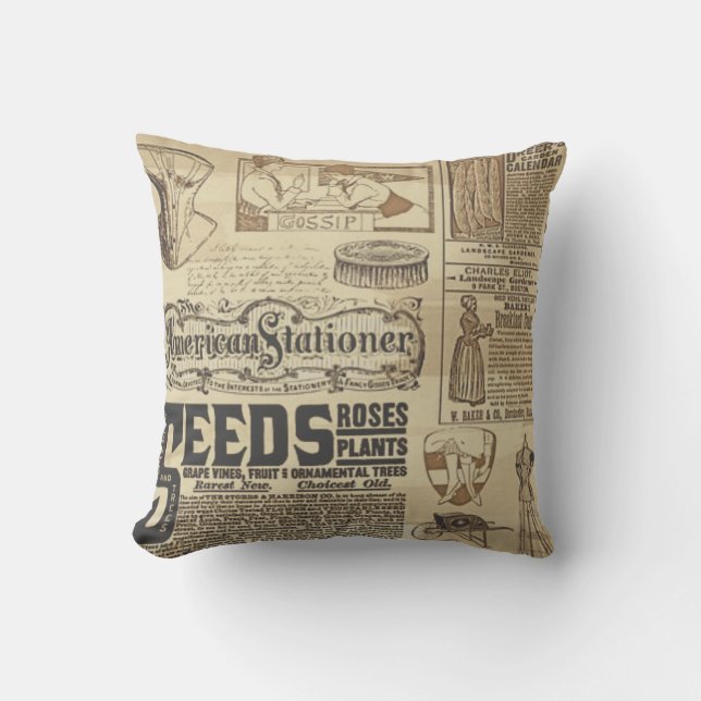 vintage newspaper print throw pillow (Front)