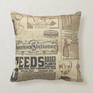 vintage newspaper print throw pillow