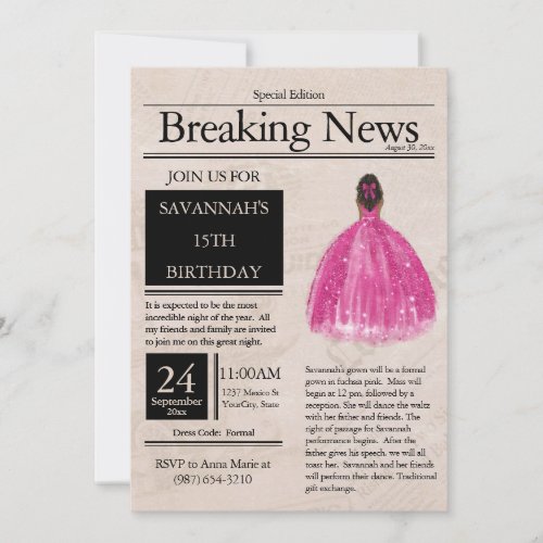 Vintage Newspaper Quinceaera Fuchsia Pink Invitation