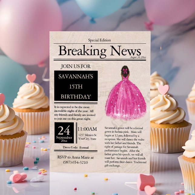 Vintage Newspaper Quinceañera Fuchsia Pink Invitation (Creator Uploaded)