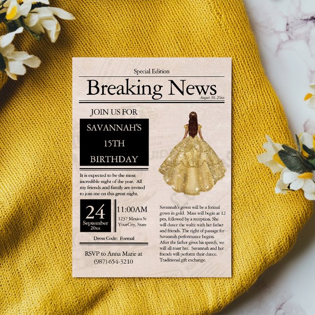 Vintage Newspaper Quinceañera Gold Invitation (Creator Uploaded)