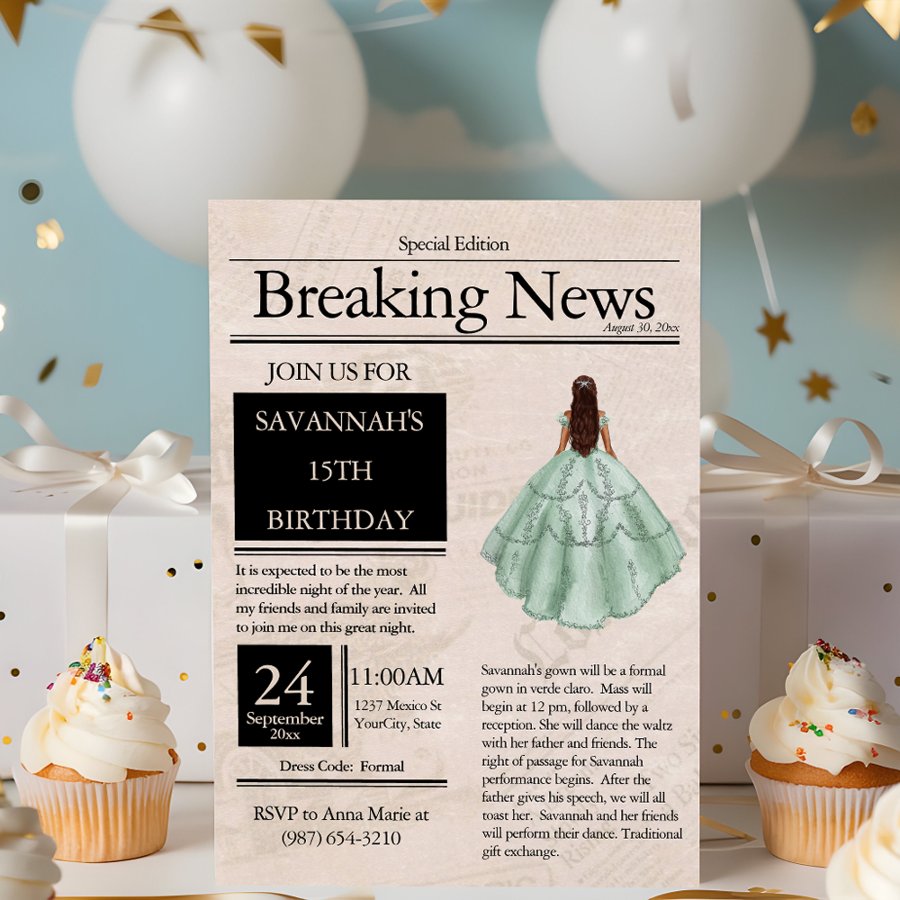 Vintage Newspaper Quinceañera Light Green Invitation