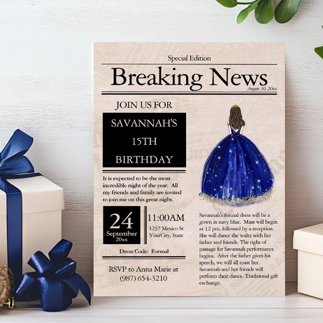 Vintage Newspaper Quinceañera Navy Blue Invitation (Creator Uploaded)