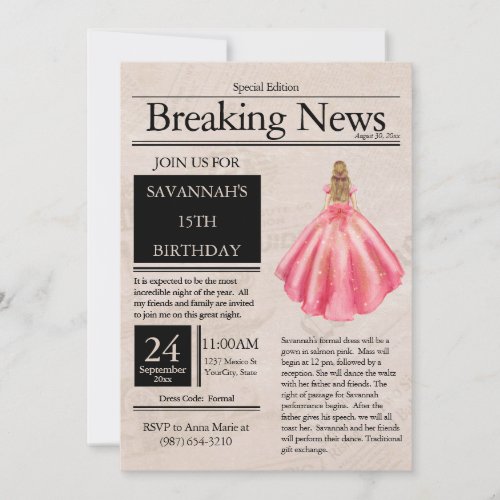 Vintage Newspaper Quinceaera Salmon Pink Invitation