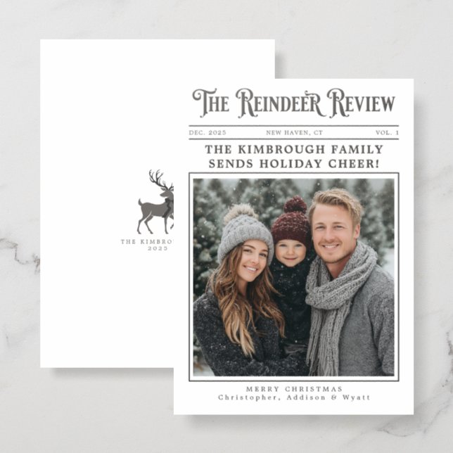Vintage Newspaper Reindeer Review Christmas  Letterpress Photo Cards (Front/Back)