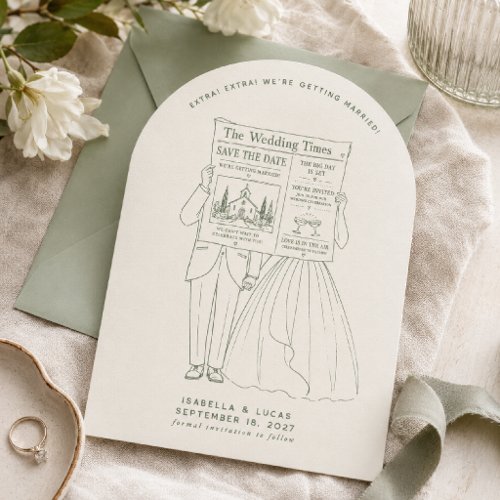 Vintage Newspaper Sage Green Save the Date