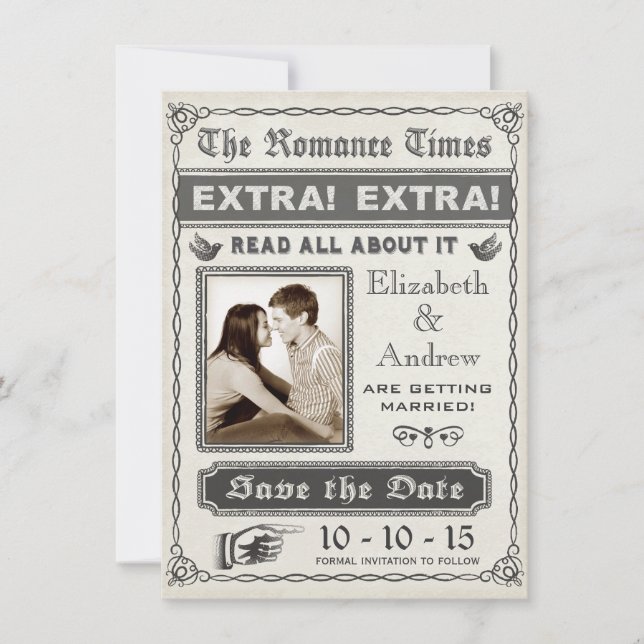 Vintage Newspaper Save the Date Invitation (Front)
