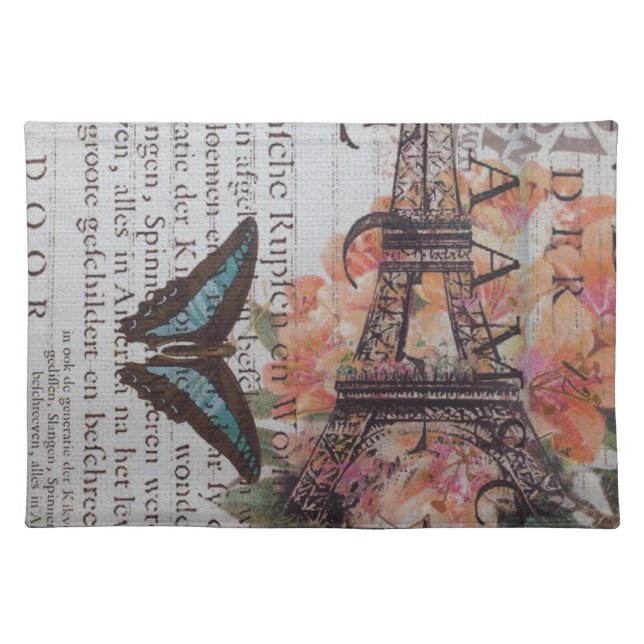 vintage newspaper scripts  Paris eiffel tower Cloth Placemat (Front)