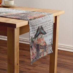 vintage newspaper scripts  Paris eiffel tower Medium Table Runner