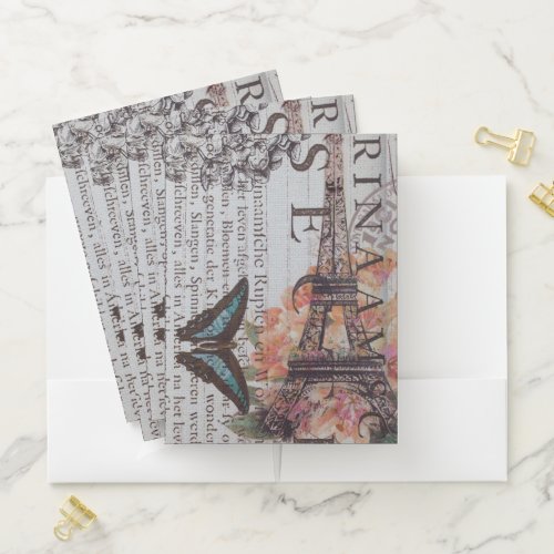 vintage newspaper scripts  Paris eiffel tower Pocket Folder