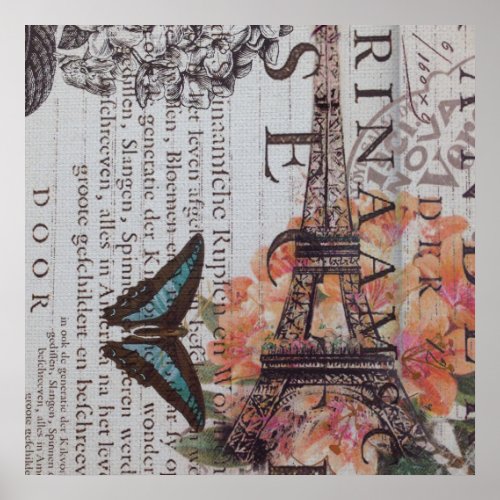 vintage newspaper scripts  Paris eiffel tower Poster