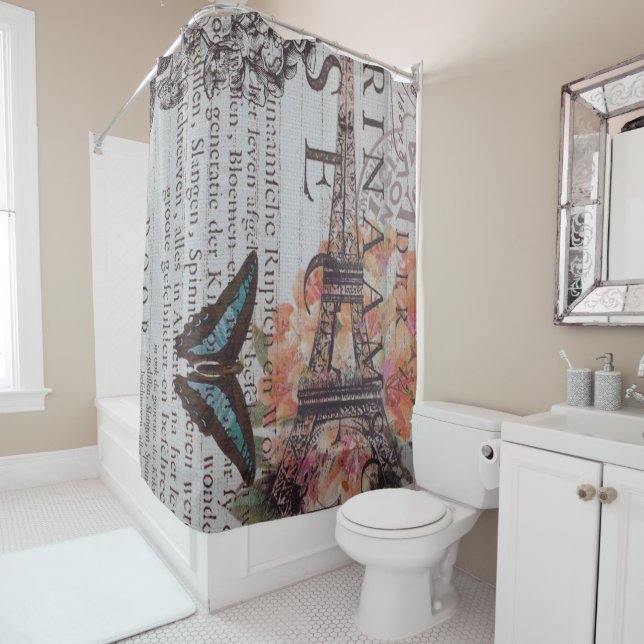 vintage newspaper scripts  Paris eiffel tower Shower Curtain (In Situ)