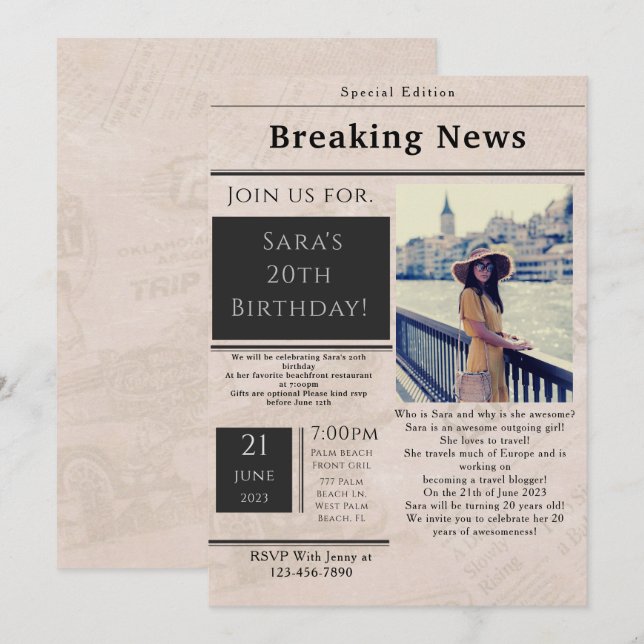 Vintage Newspaper Style Photo Birthday Invitation (Front/Back)