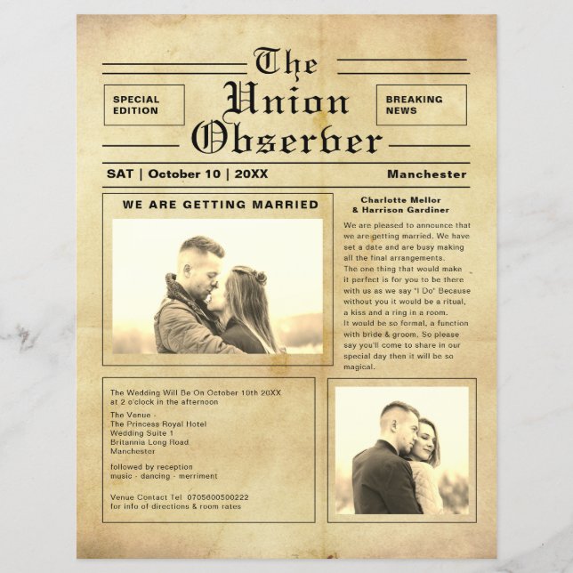 Vintage Newspaper Style Wedding Invitation Flyer (Front)