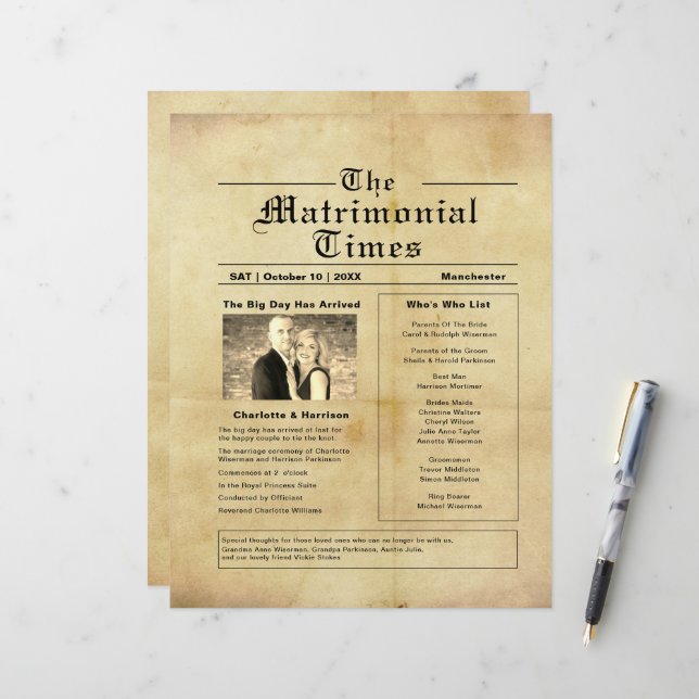 Vintage Newspaper Style Wedding Program (Front/Back In Situ)