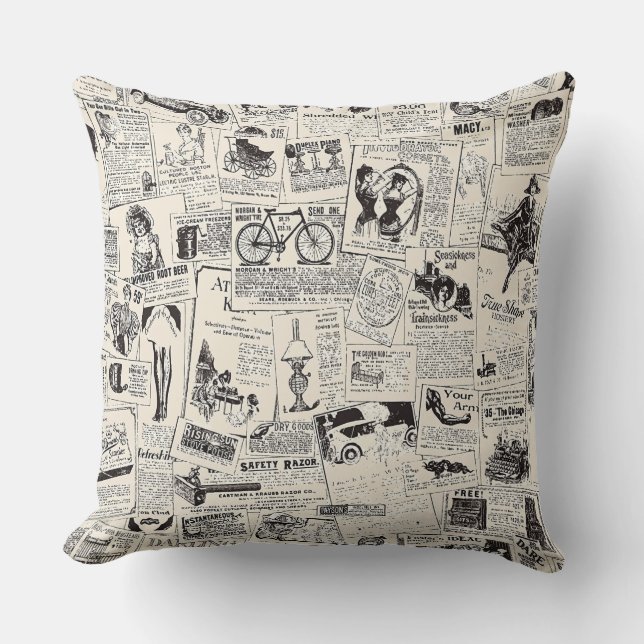 Vintage Newspaper  Throw Pillow (Front)