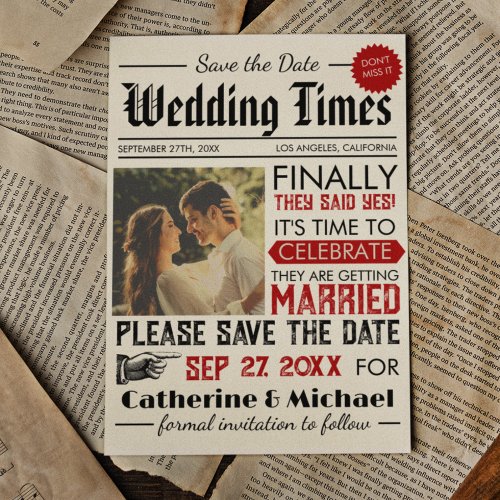 Vintage Newspaper Unique Fun Photo Wedding Save The Date