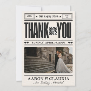 Vintage Newspaper Wedding Thank You Card with QR