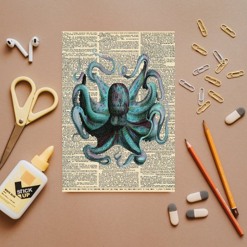 Vintage Newspaper with Blue Octopus GiantDecoupage Tissue Paper