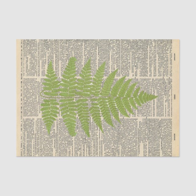 Vintage Newspaper with Green Leaf Decoupage Tissue Paper (Front)