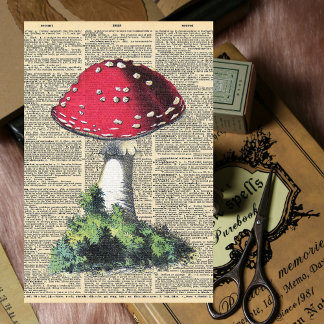 Vintage Newspaper with Red Mushroom Decoupage Tissue Paper