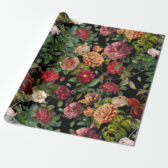 Vintage night floral garden pattern wrapping paper (Unrolled)