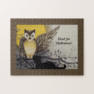 Vintage Night Owl Wing on Branch Moon Jigsaw Puzzle