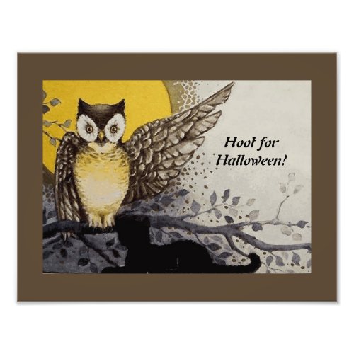 Vintage Night Owl Wing on Branch Moon Photo Print