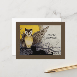 Vintage Night Owl Wing on Branch Moon Postcard