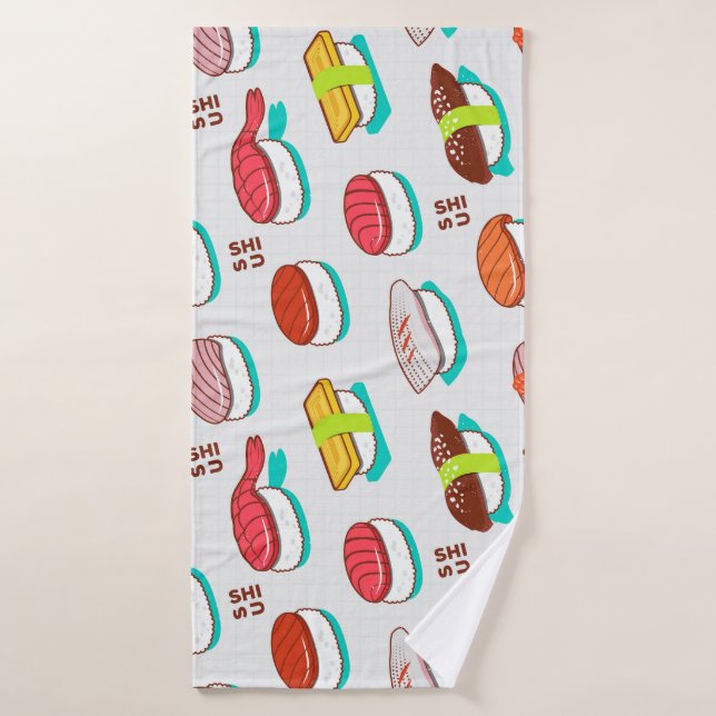 Vintage nigiri sushi, doodle pattern bath towel (Bath Towel)
