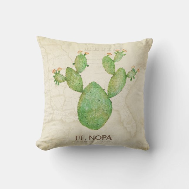 Vintage Nopal Cactus Throw Pillow (Front)