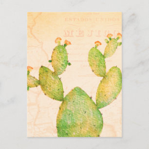 Vintage Nopal Cactus Watercolor Postcard