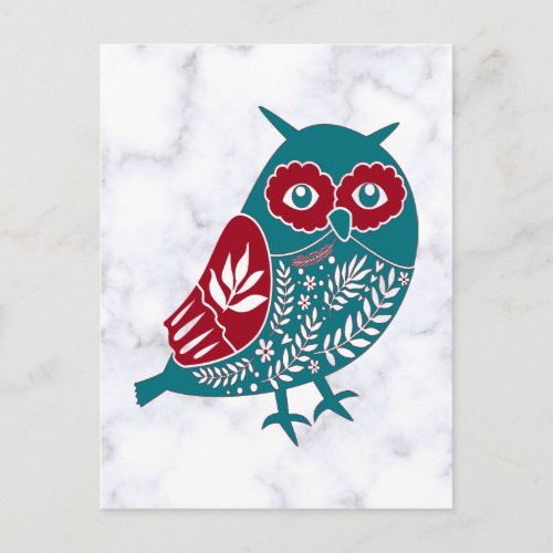 Vintage Nordic Blue Red Floral Owl on Marble Postcard