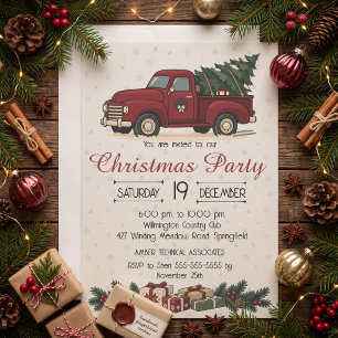 Vintage Nordic Christmas Red Truck Holiday Party Invitation