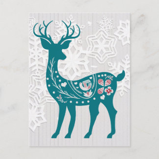Vintage Nordic Elk Deer with Snowflakes Holiday Postcard