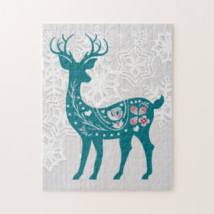 Vintage Nordic Elk Deer with Snowflakes Jigsaw Puzzle